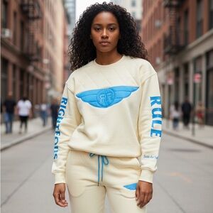 Righteous Rule French Terry Cream and Blue Sweatshirt and Joggers Set